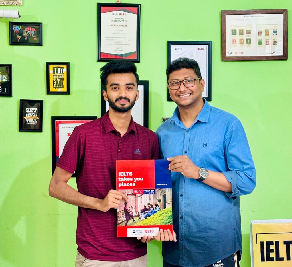 A happy student, Abdul Aziz, celebrates his IELTS success, a major achievement that will open doors for his future.