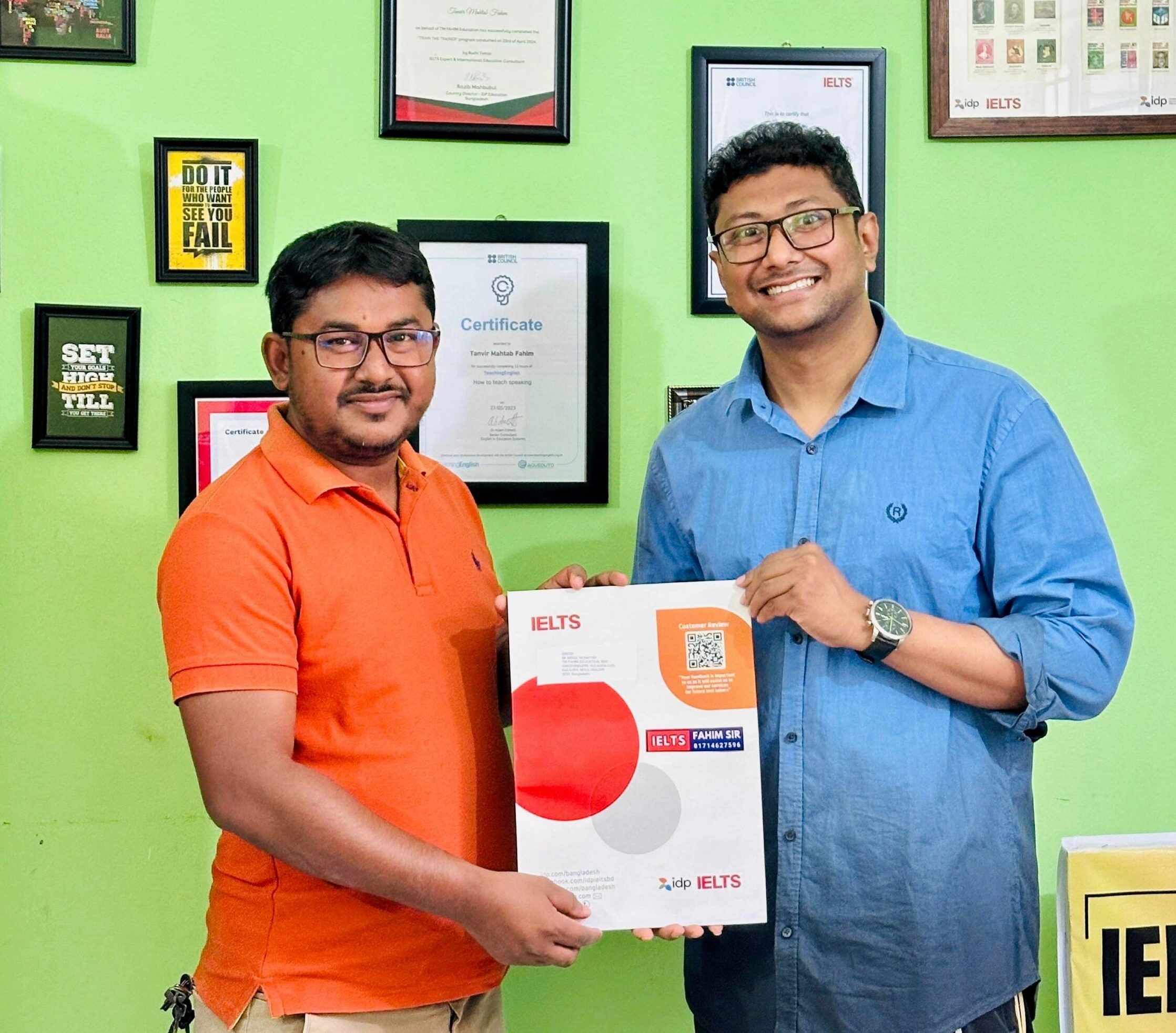 Abdul Munayem Ruhel, a high school teacher, is beaming with pride while holding his IELTS certificate. The photo captures his triumphant success after balancing a full-time job and dedicated study in Kulaura, Bangladesh.