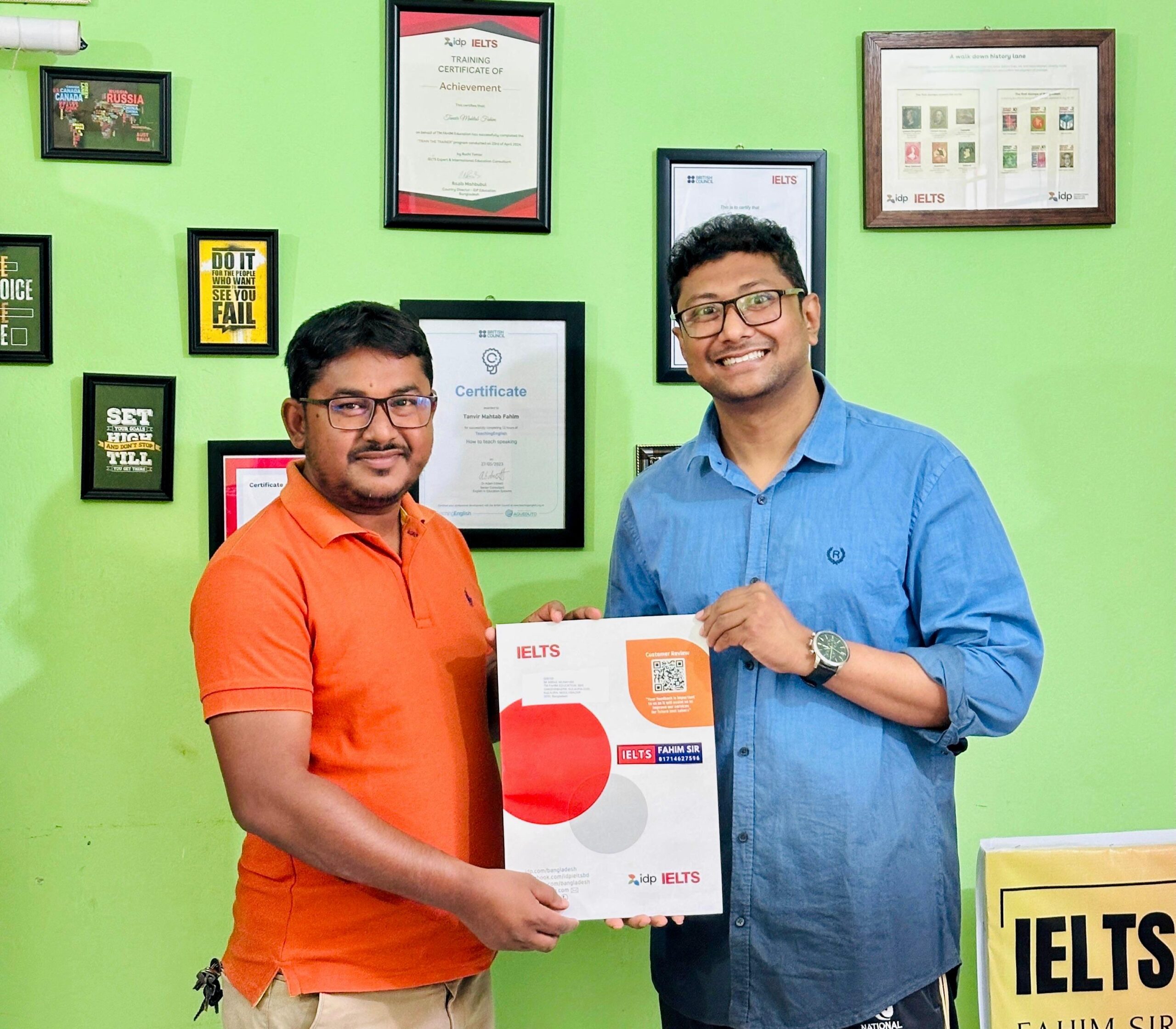 Abdul Munayem Ruhel, a high school teacher, is beaming with pride while holding his IELTS certificate. The photo captures his triumphant success after balancing a full-time job and dedicated study in Kulaura, Bangladesh.