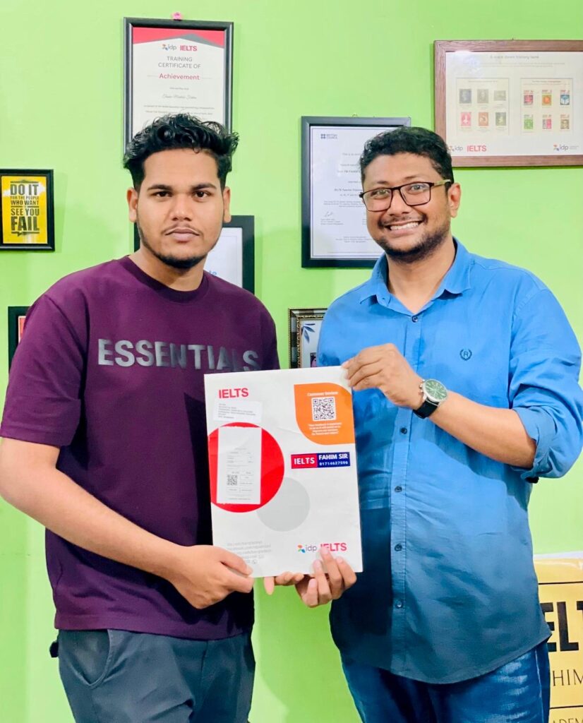 Photo of a happy student, Adiat AL Wasi from Kulaura, celebrating his success in the IELTS UKVI (General Training) exam, having reached the desired score for UK visa application.