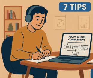 IELTS Listening Flow-chart Completion tips showing step-by-step strategy to predict answers and follow process stages effectively.