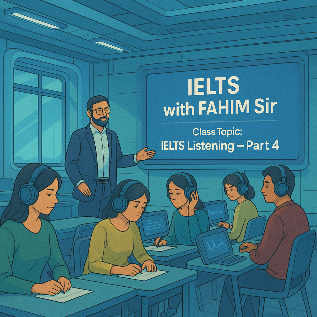 Futuristic classroom with Fahim Sir teaching five Bangladeshi students during an IELTS Listening Part 4 session. The instructor stands beside a large digital smartboard displaying “IELTS with FAHIM Sir – Class Topic: IELTS Listening – Part 4.” Students with premium headphones interact with their modern desks featuring built-in screens, illuminated by cool blue tech lighting.
