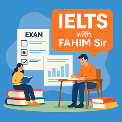 Illustration of students studying for IELTS Reading with Fahim Sir, featuring exam icons, books, and educational graphics.