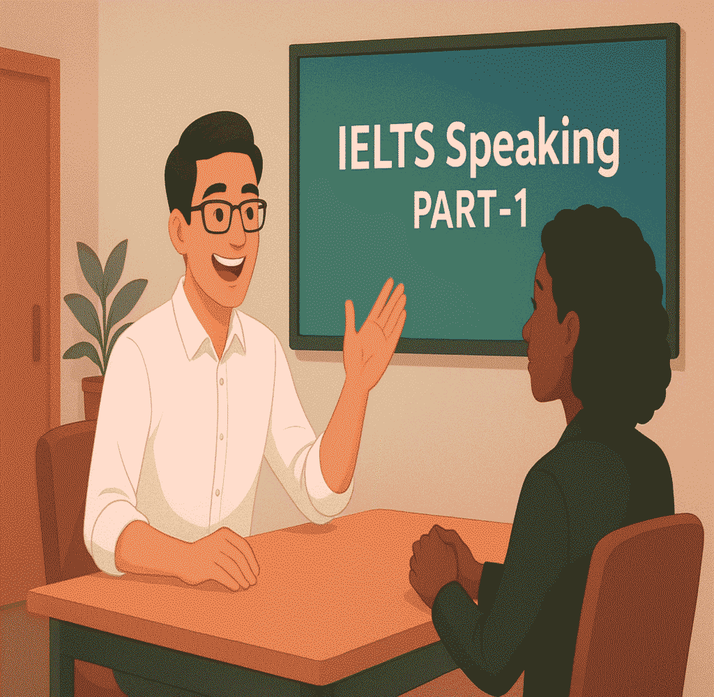 IELTS Speaking Part 1 test with smiling male examiner and female candidate.