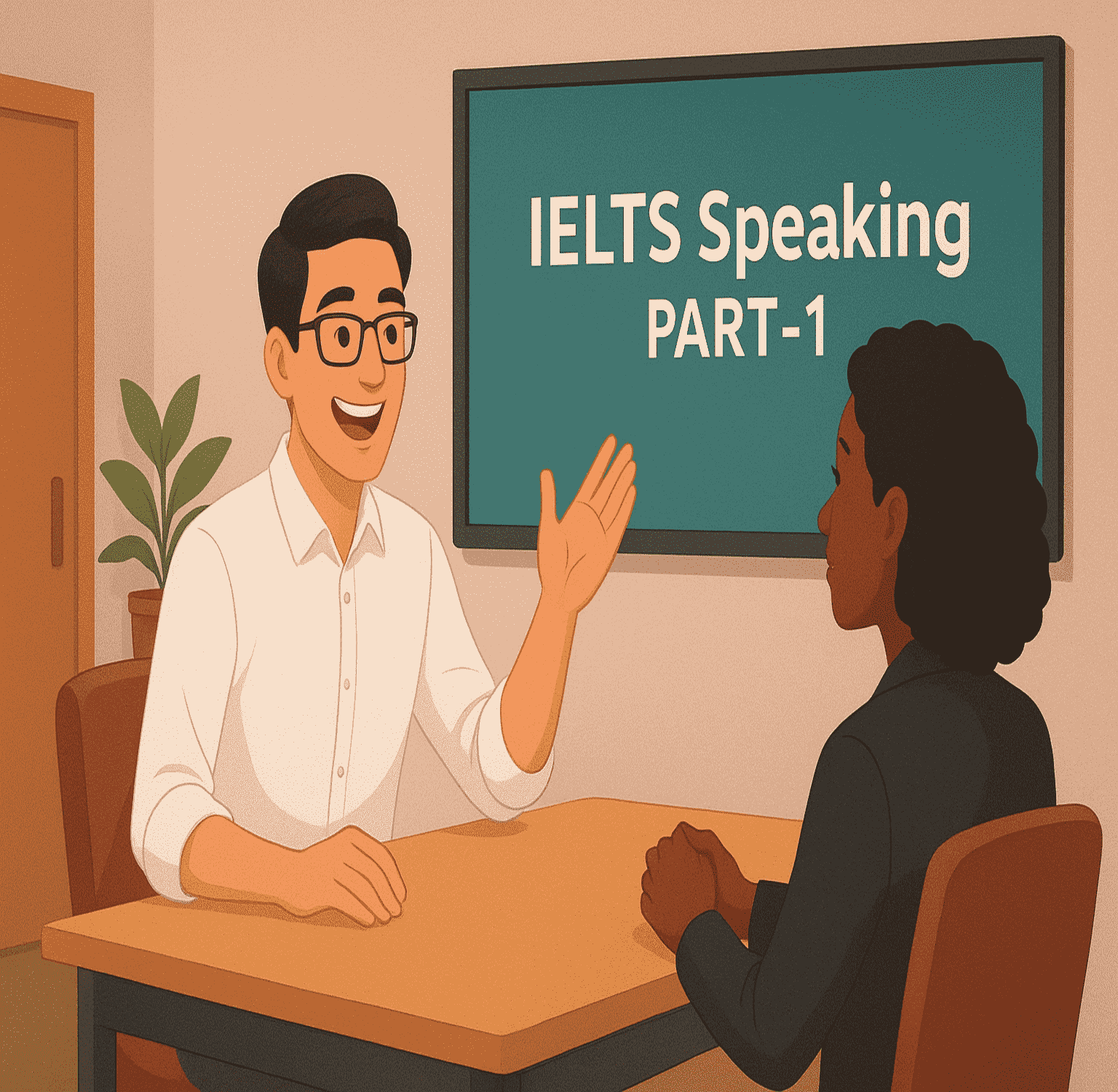 IELTS Speaking Part 1 test with smiling male examiner and female candidate.