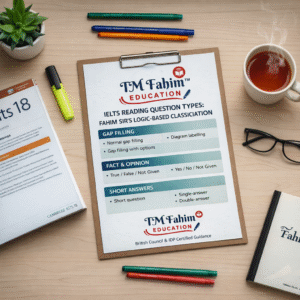 IELTS Reading question types chart showing Fahim Sir’s logic-based classification, designed by TM Fahim Education for structured IELTS preparation.