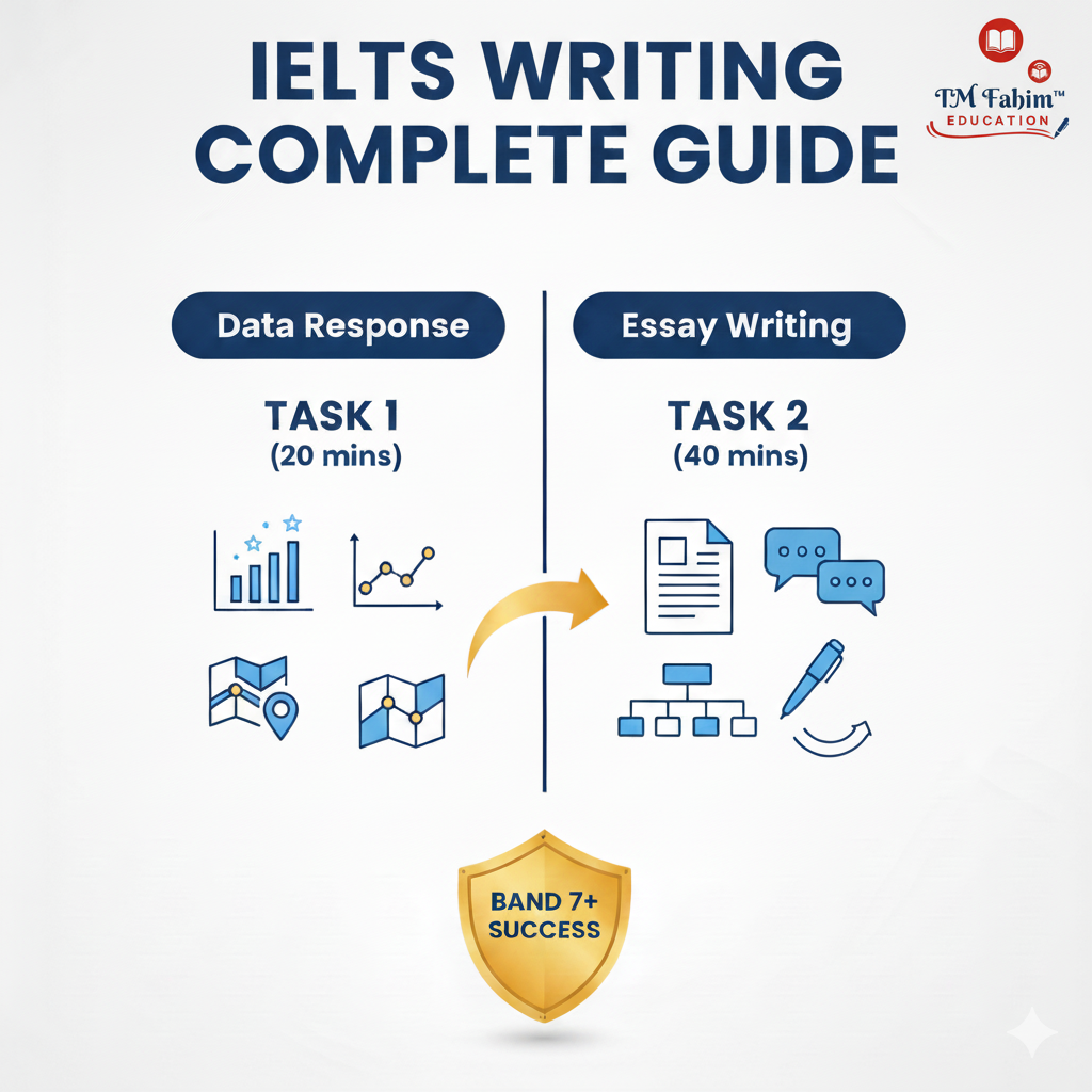 IELTS Writing Task 1 and Task 2 strategy guide infographic, showing 20 mins for Data Response and 40 mins for Essay Writing leading to Band 7+ success, with the "IELTS with FAHIM Sir" logo.