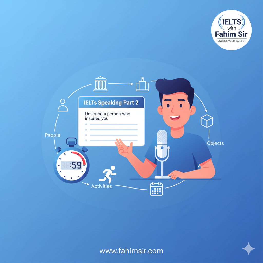 IELTS Speaking Part 2 Guide header image featuring student speaking, cue card, 1 minute timer, and T-I-D-I category icons by Fahim Sir.