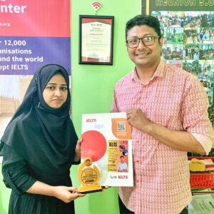 IELTS success story student Fathema Akther Rafe with Fahim Sir after achieving Band 6 at TM Fahim Education