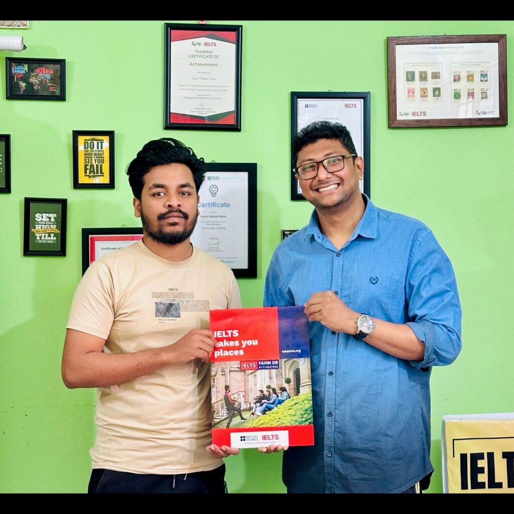 IELTS success story Tanvir Kibria student from Kulaura with Fahim Sir after achieving Band 6