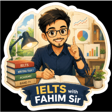 Ghibli-style IELTS study illustration featuring IELTS with FAHIM Sir branding and academic Writing Task 1 theme