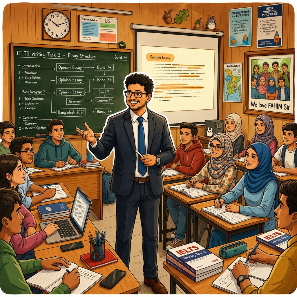 Anime illustration of Fahim Sir teaching an IELTS Writing Task 2 class to teenage students in Bangladesh.